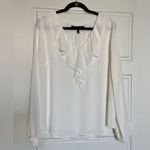 White House Black Market Long-sleeved Soft Ivory Blouse w/ Ruffle Neckline